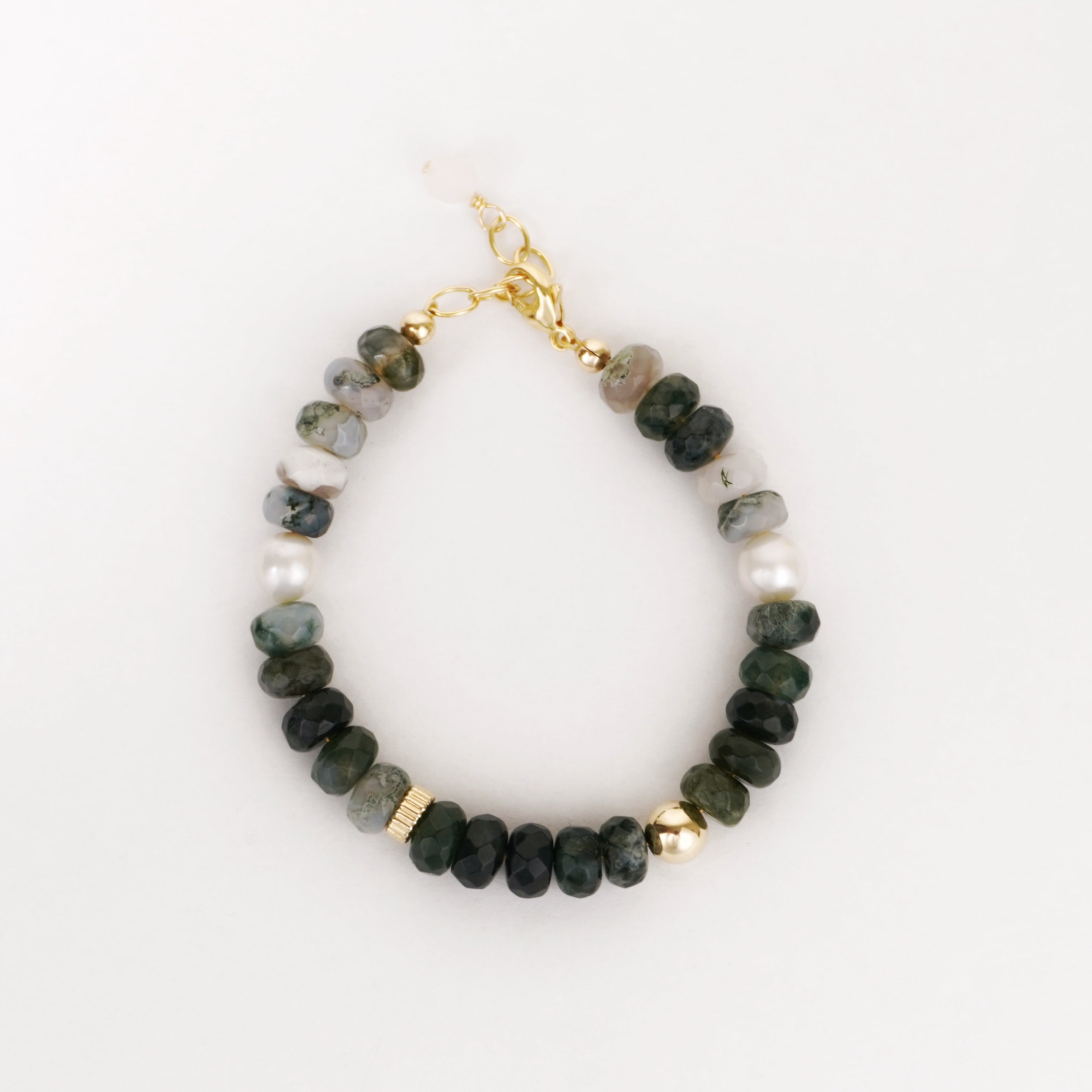 Golden Matcha Bracelet - Moss Agate, Freshwater Pearls