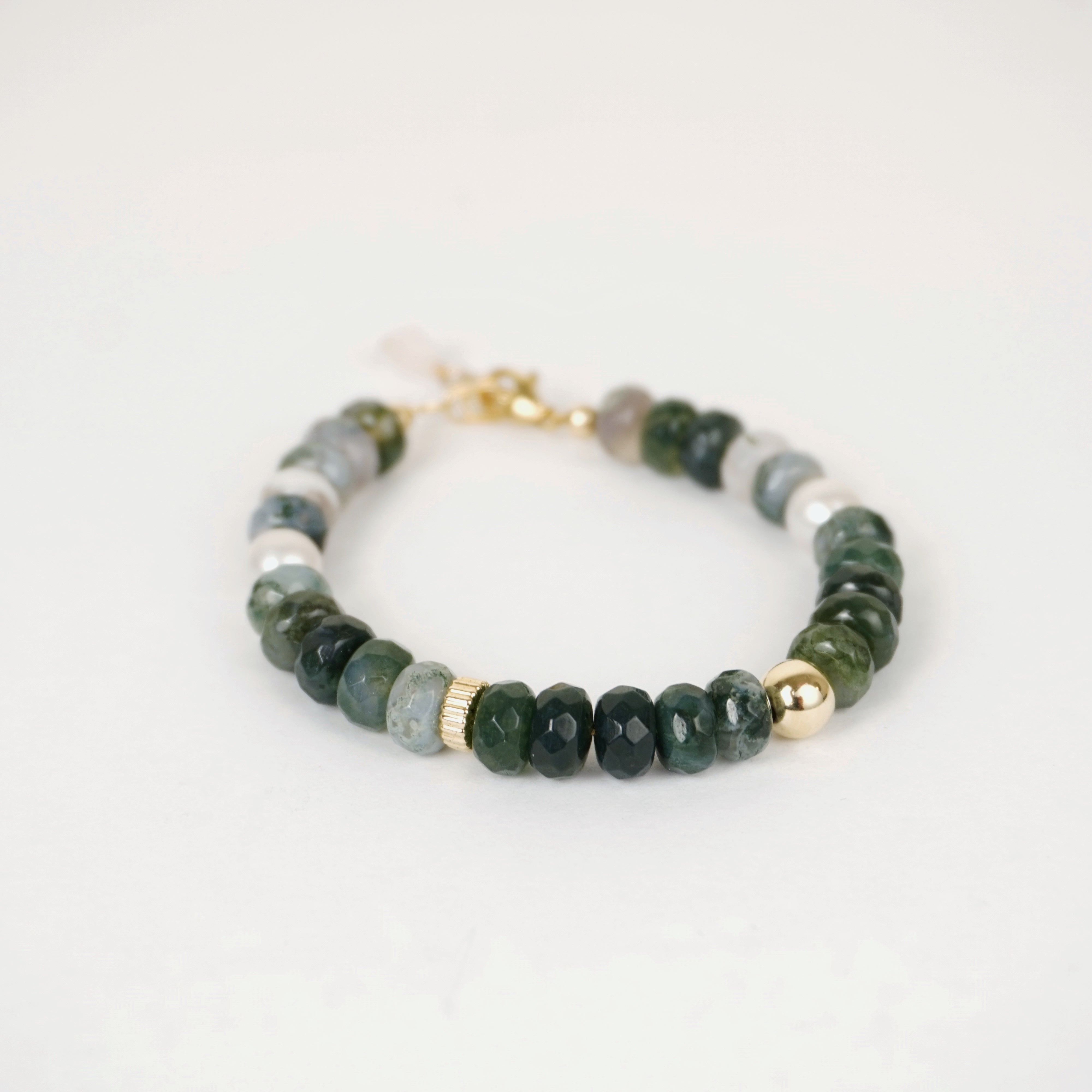 Golden Matcha Bracelet - Moss Agate, Freshwater Pearls