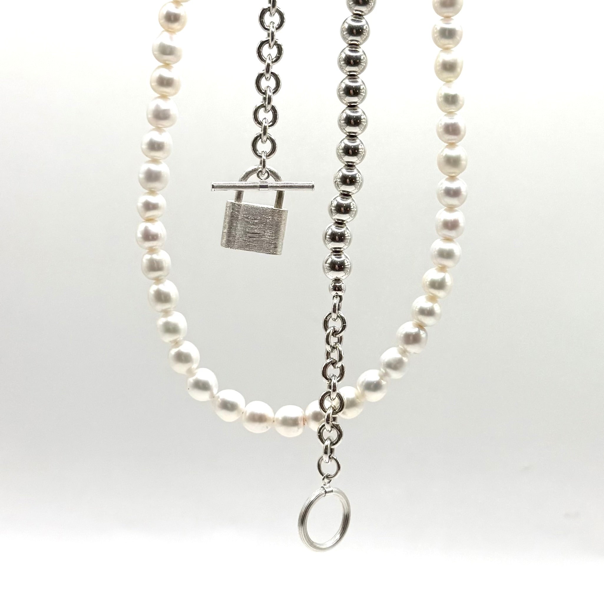 Lock Me Up Double Wrap Necklace in Silver and Freshwater Pearls