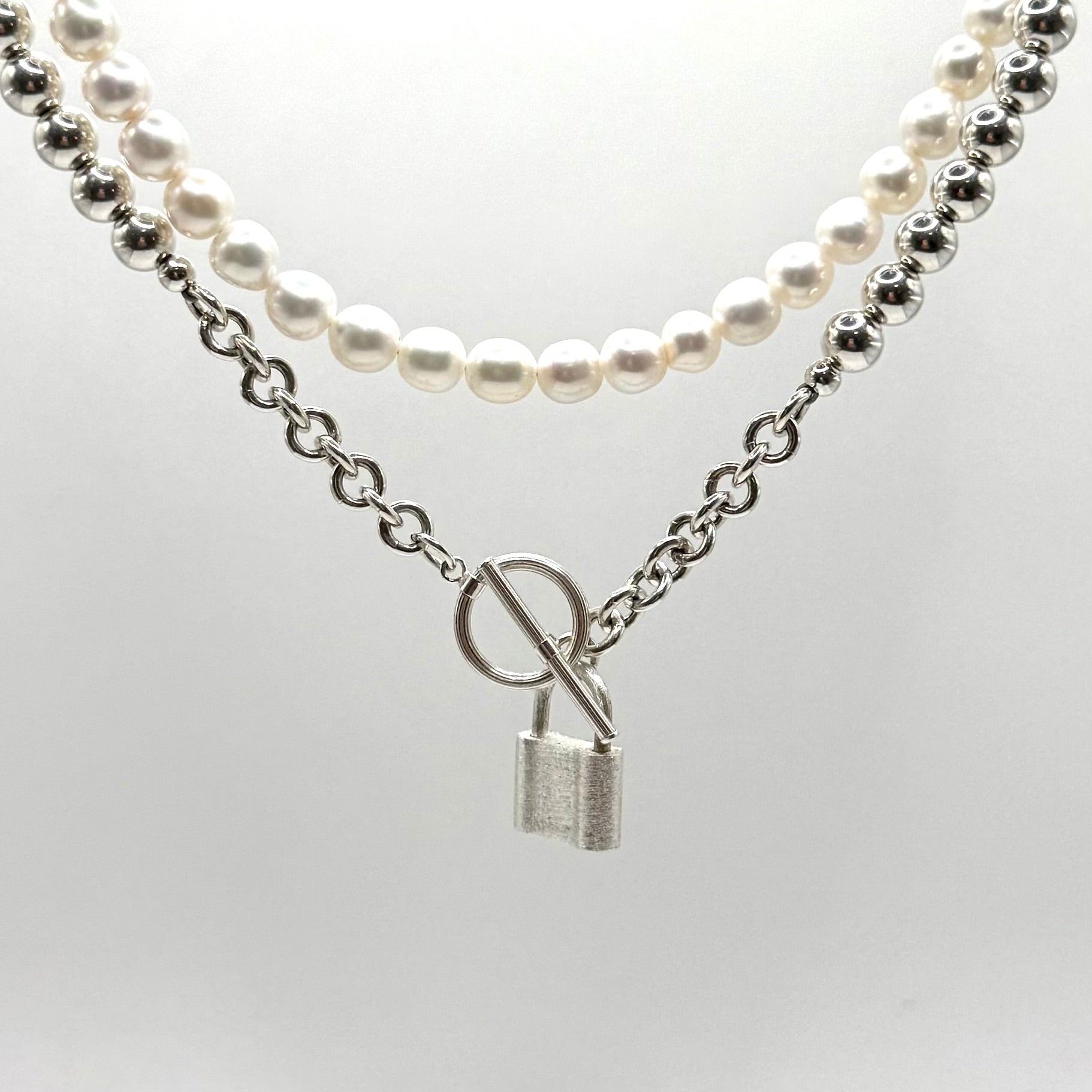Lock Me Up Double Wrap Necklace in Silver and Freshwater Pearls